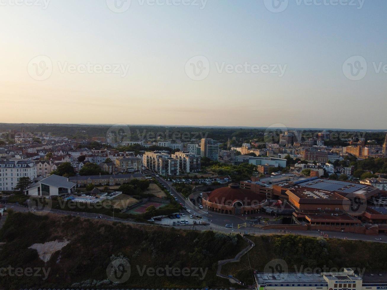 Aerial View and High Angle footage of Best Sandy Beach and  Bournemouth City of England UK, photo