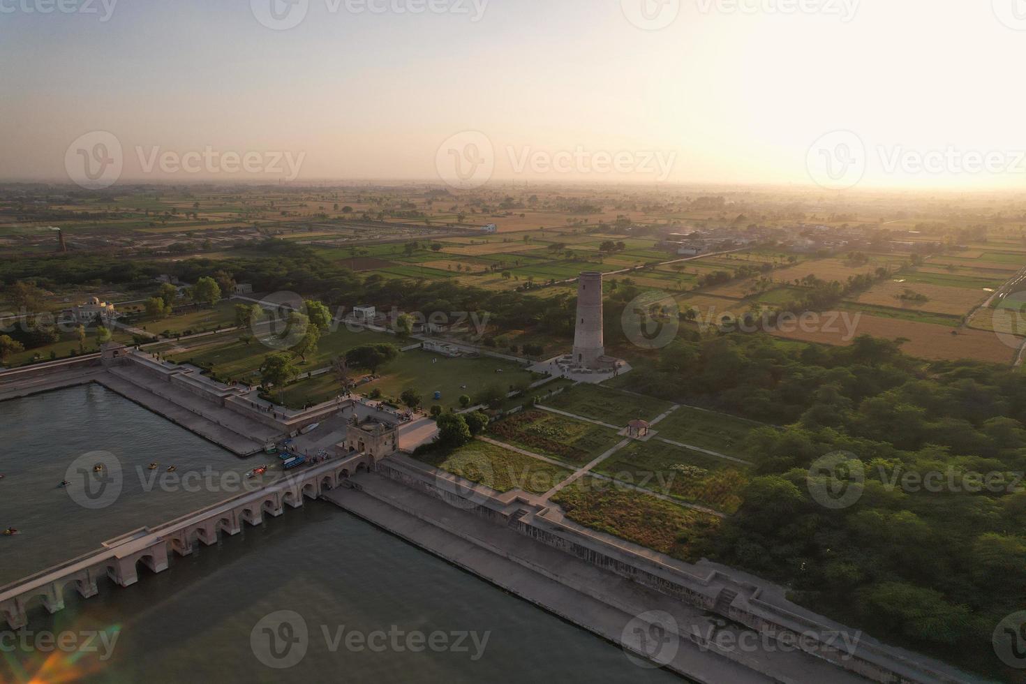 High Angle Aerial View of Historical Mughals Hiran Minar and village of Sheikhupura Pakistan photo