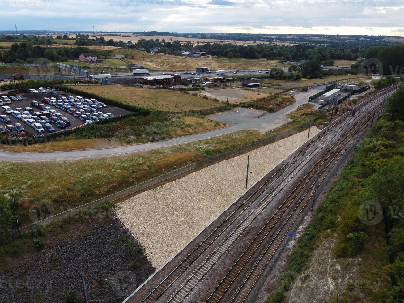 High Angle Drone's Camera high angle View of railway Tracks at Motorways Junction of Luton England UK photo
