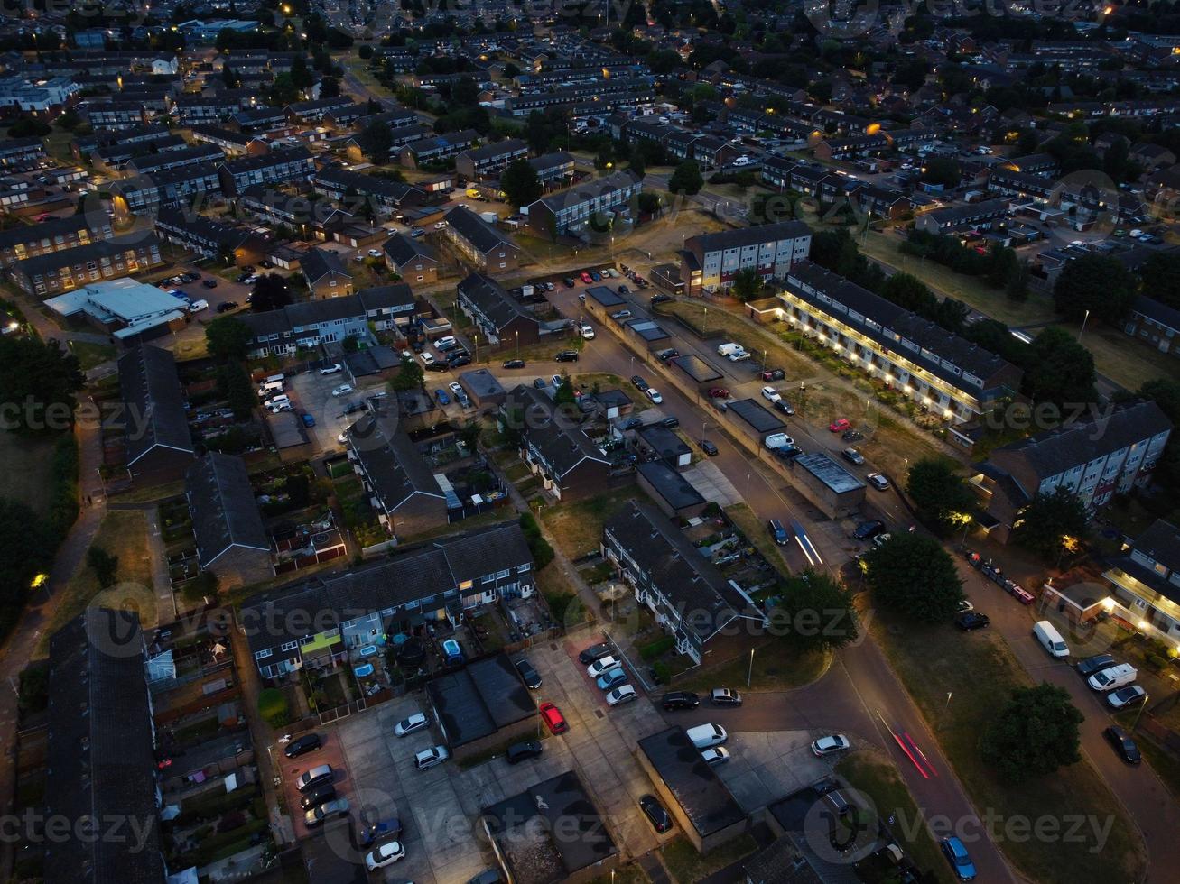 Aerial view high angle footage of Luton Town of England at Night photo