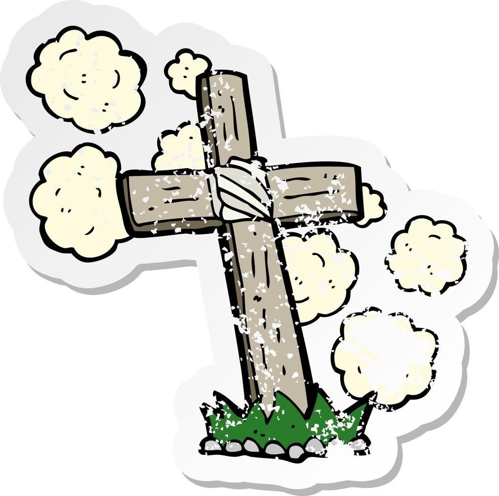 retro distressed sticker of a cartoon wooden cross grave vector