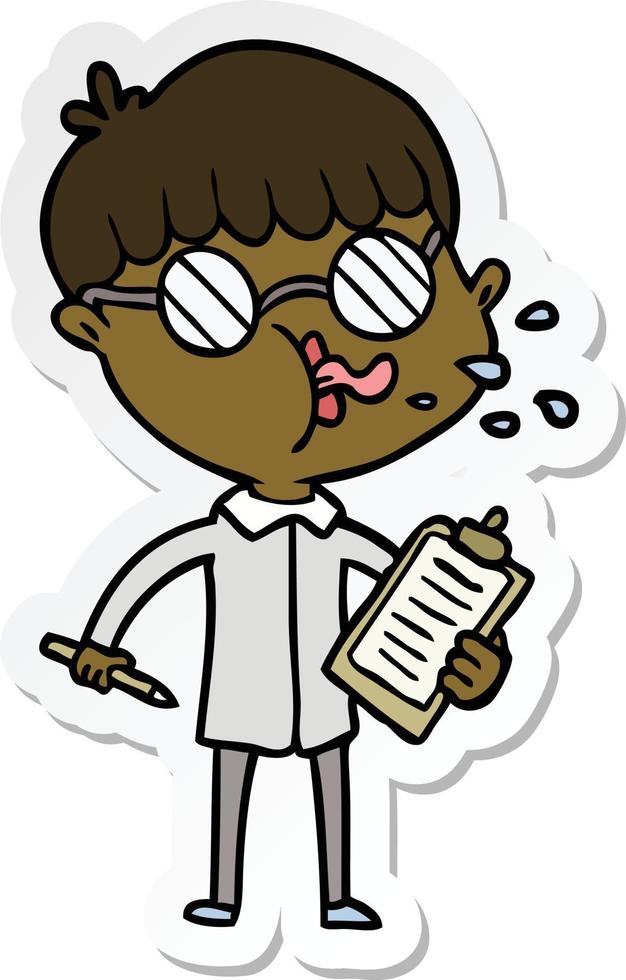 sticker of a cartoon boy wearing spectacles with clip board vector