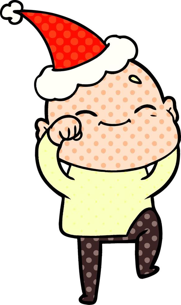 happy comic book style illustration of a bald man wearing santa hat vector