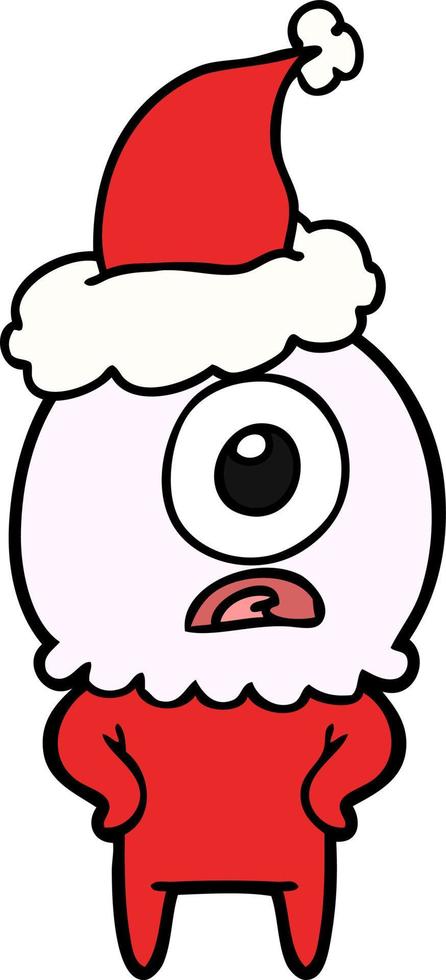 line drawing of a cyclops alien spaceman wearing santa hat vector