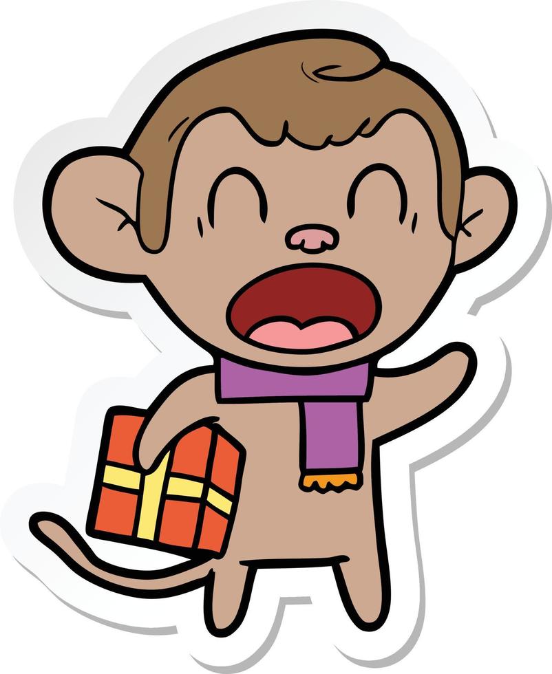 pegatina de un mono de dibujos animados que grita llevando un regalo de navidad vector