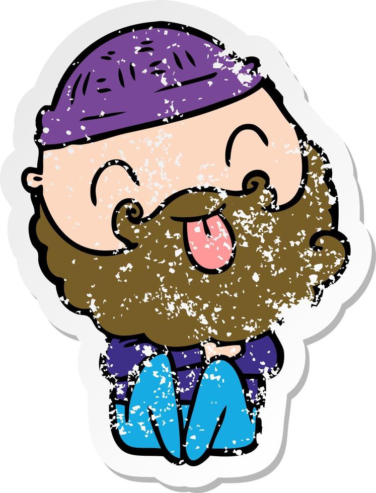 distressed sticker of a man with beard sticking out tongue vector