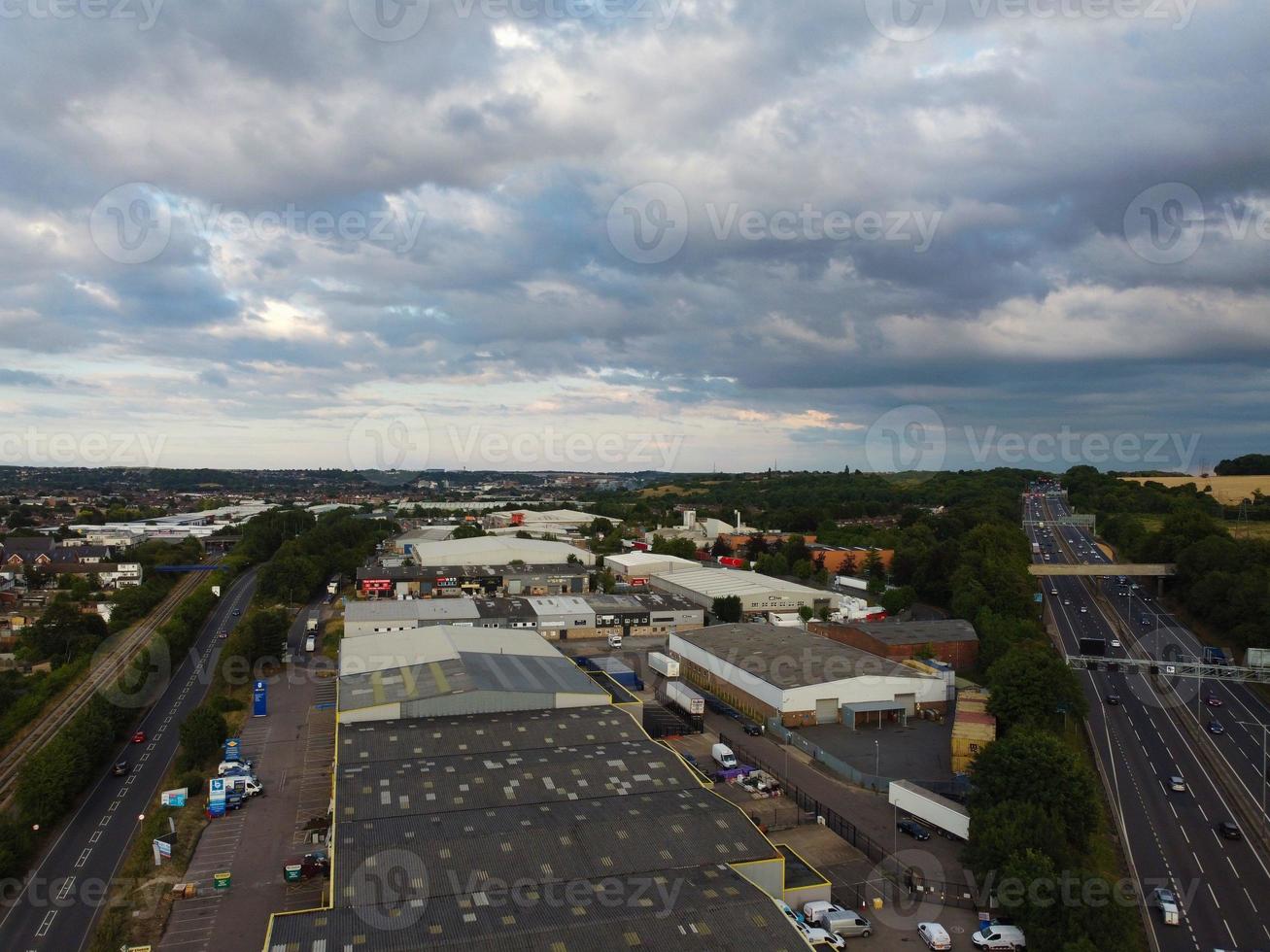 High Angle Aerial view of British Roads and High Speed Motorways at Luton City of England UK photo