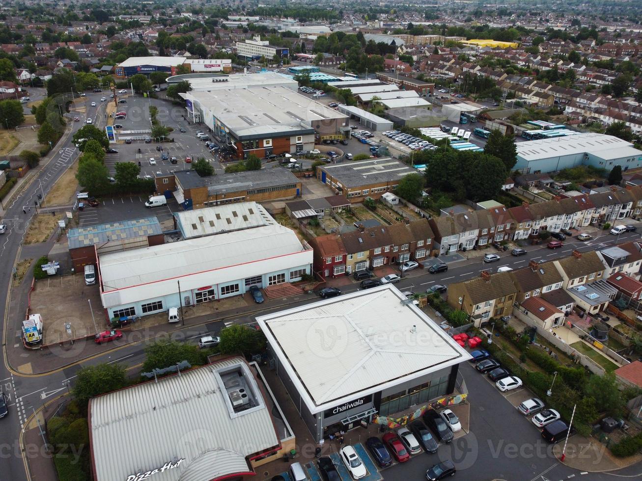 Aerial footage by drone high angle view of London Luton City of England and residential Buildings photo