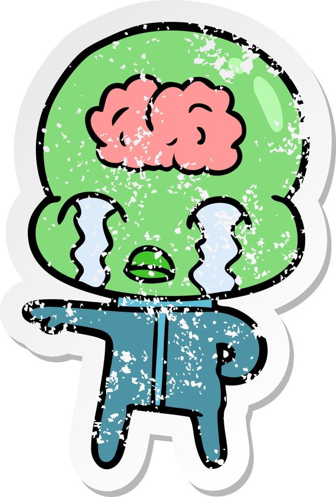 distressed sticker of a cartoon big brain alien crying vector