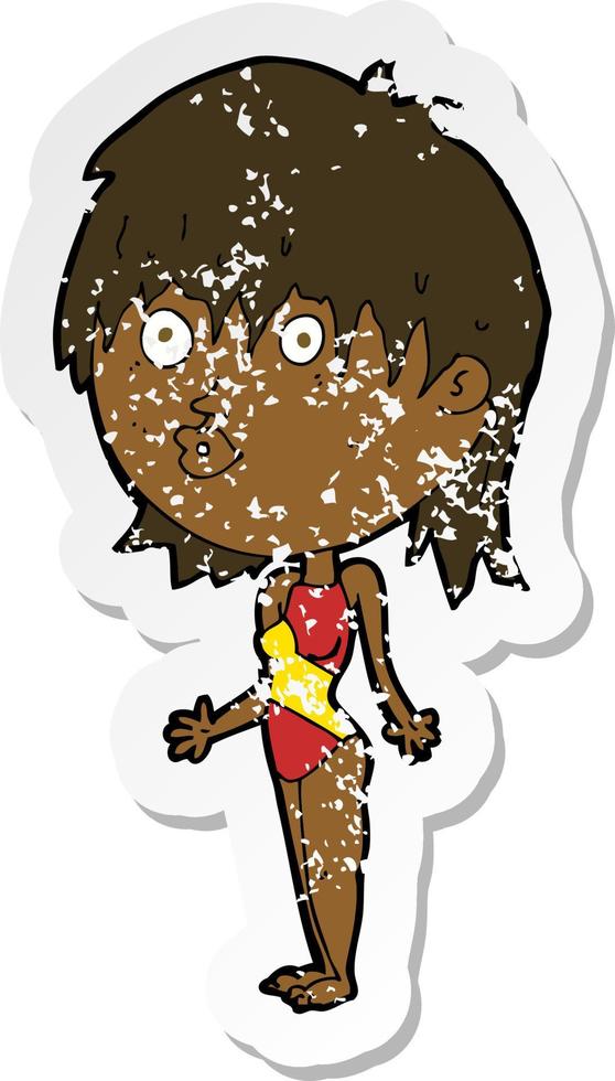 retro distressed sticker of a cartoon woman in swimsuit shrugging shoulders vector