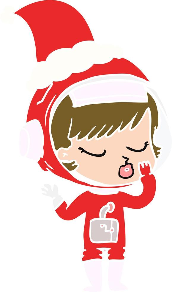 flat color illustration of a pretty astronaut girl wearing santa hat vector