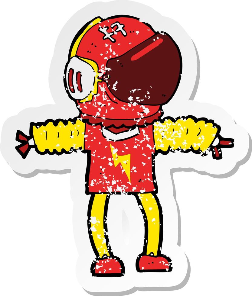 retro distressed sticker of a cartoon astronaut vector