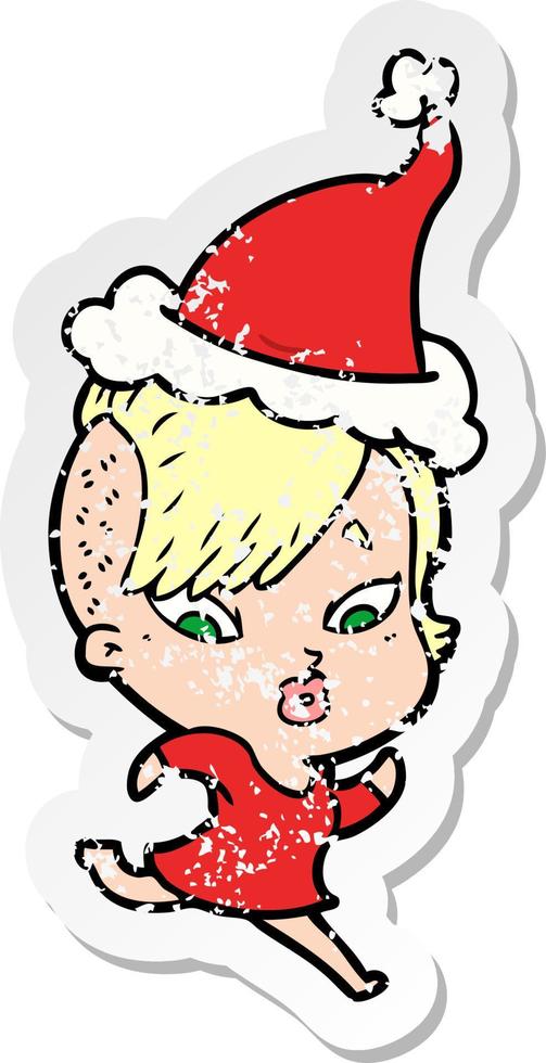 distressed sticker cartoon of a surprised girl wearing santa hat vector
