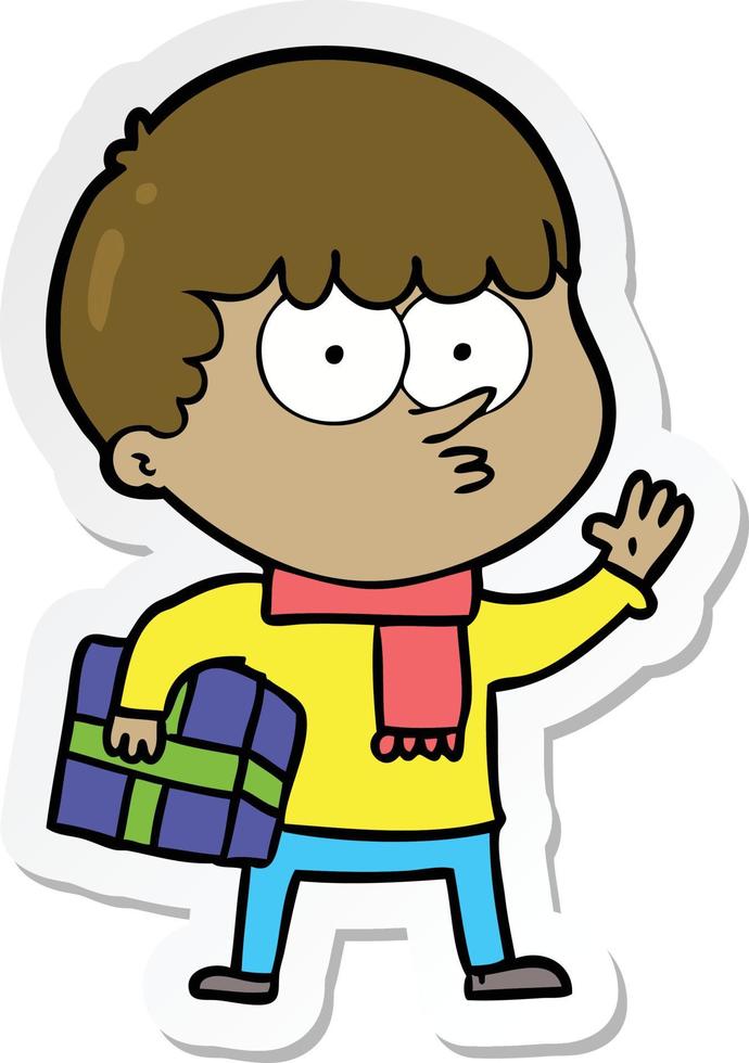 sticker of a cartoon curious boy carrying a gift vector