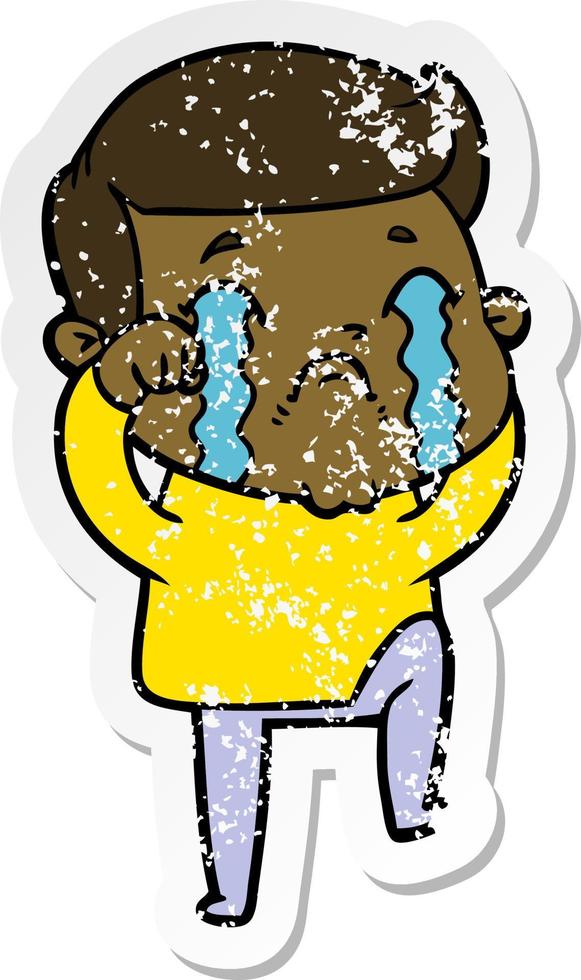 distressed sticker of a cartoon man crying vector