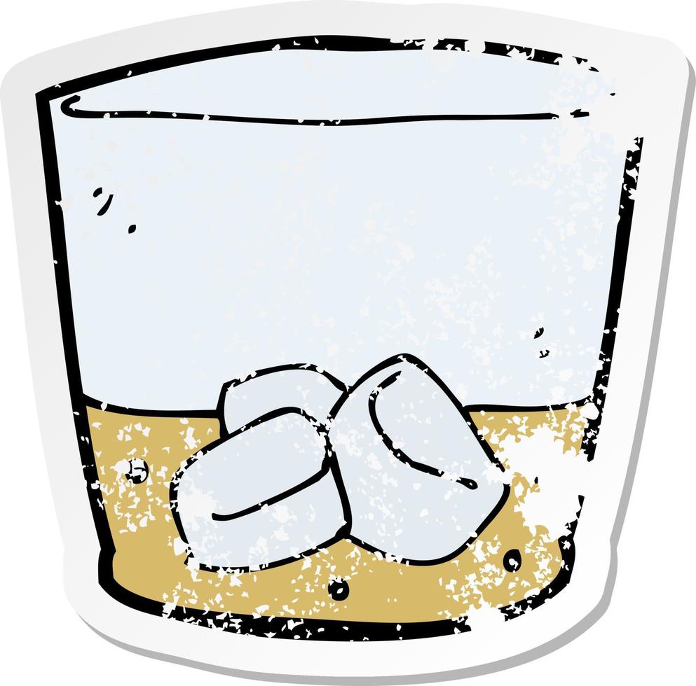 retro distressed sticker of a cartoon whiskey in glass vector