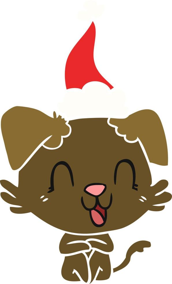 laughing flat color illustration of a dog wearing santa hat vector