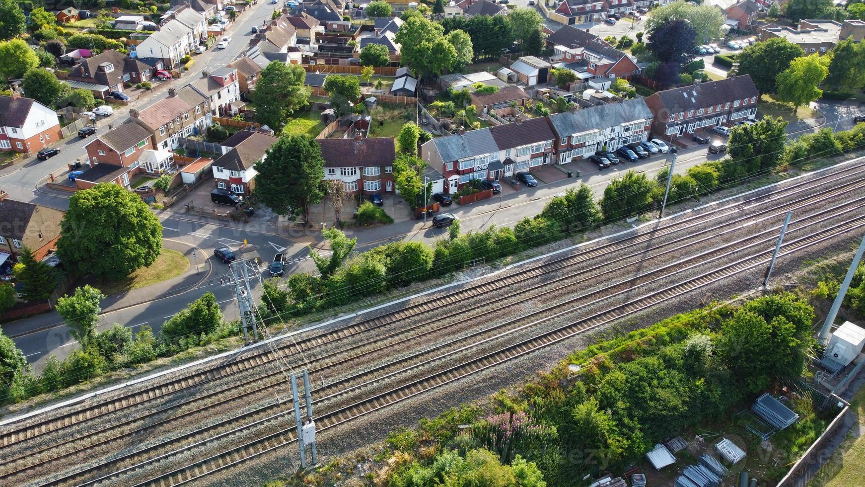 Train on Tracks and Beautiful Aerial View and High Angle footage of Leagrave Station of London Luton Town of England UK photo
