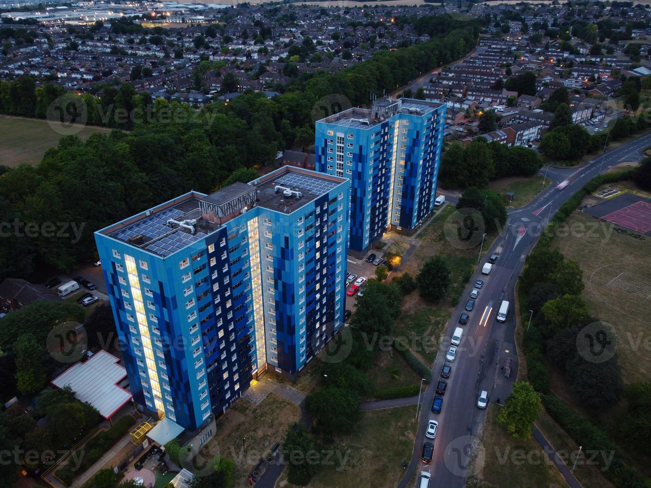 Aerial view high angle footage of Luton Town of England at Night photo