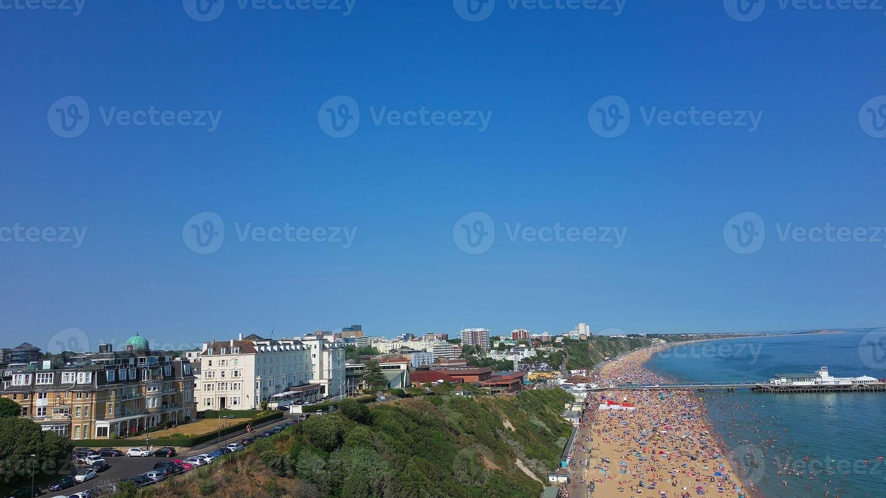 Aerial View and High Angle footage of Best Sandy Beach and  Bournemouth City of England UK, photo