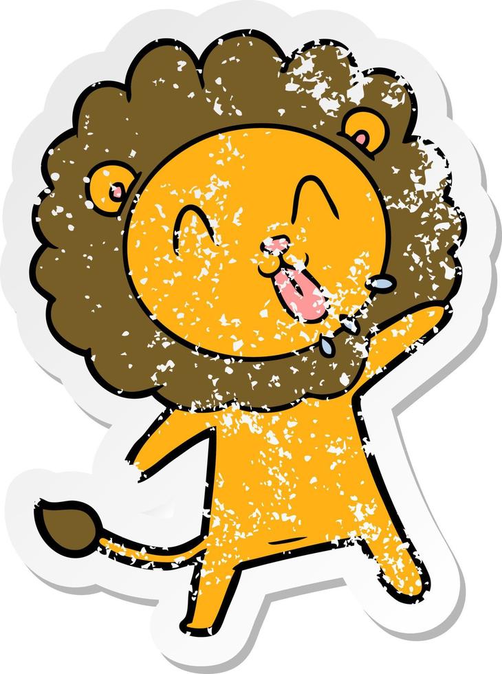 distressed sticker of a happy cartoon lion vector