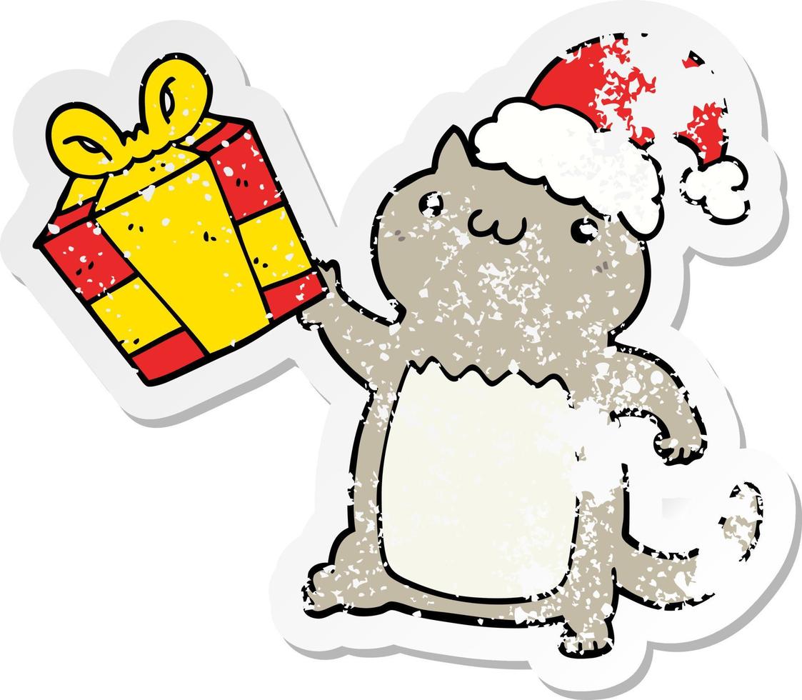 distressed sticker of a cute cartoon christmas cat vector