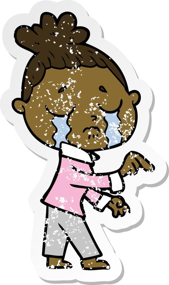 distressed sticker of a cartoon crying woman pointing vector