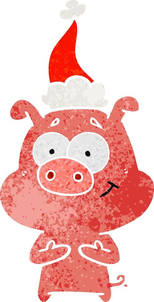 happy retro cartoon of a pig wearing santa hat vector