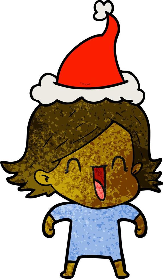 textured cartoon of a happy woman wearing santa hat vector