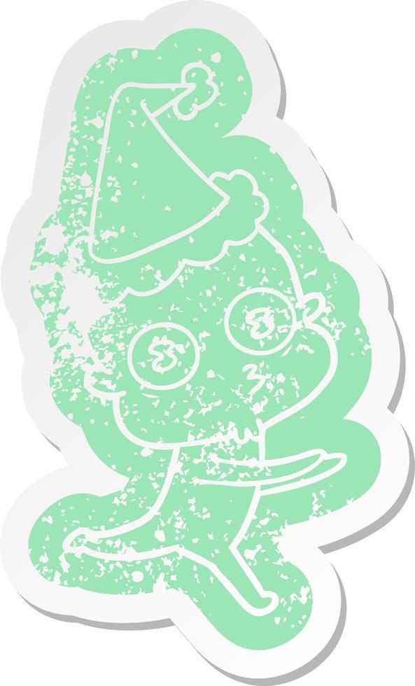 cartoon distressed sticker of a weird bald spaceman running wearing santa hat vector