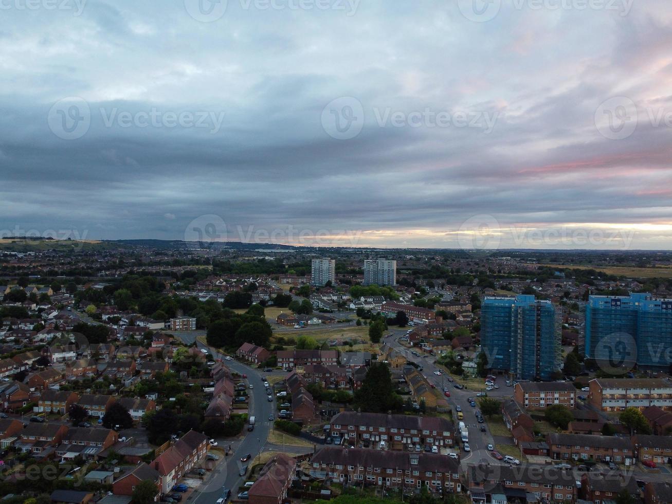 High angle aerial view of Luton City of England at Sunset Night. photo