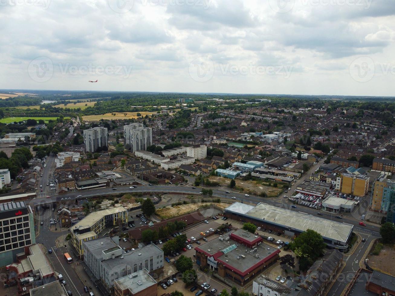 Aerial view and high angle footage of City Centre of British Town Luton England UK. photo