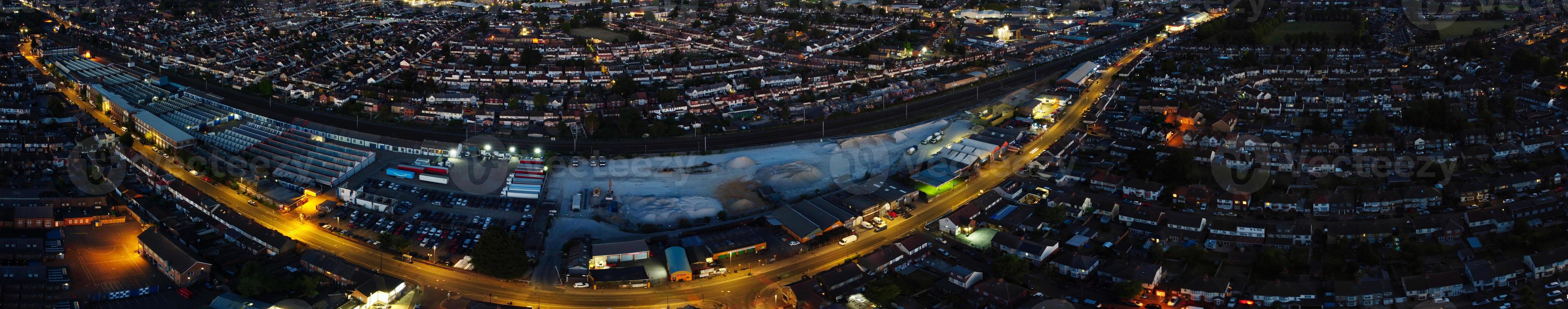 Beautiful Night Aerial View of British City, High Angle Drone's Footage of Luton Town of England UK photo