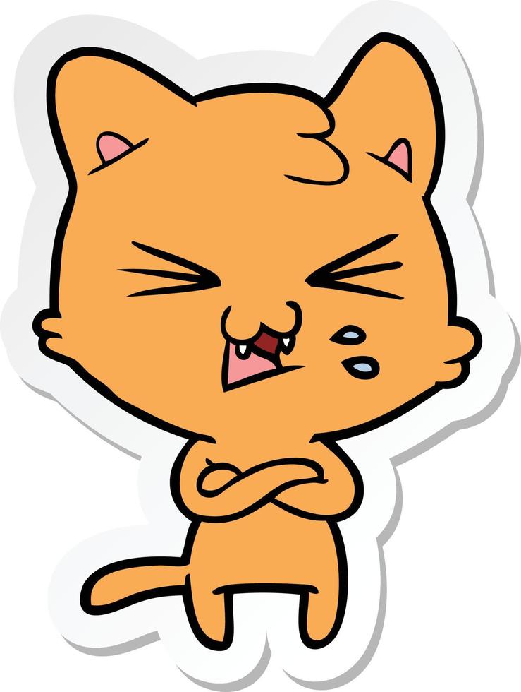 sticker of a cartoon hissing cat vector