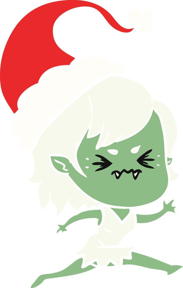 annoyed flat color illustration of a vampire girl wearing santa hat vector