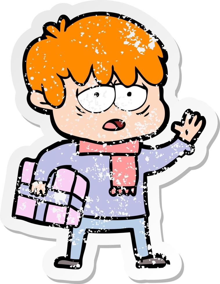 distressed sticker of a cartoon exhausted boy vector