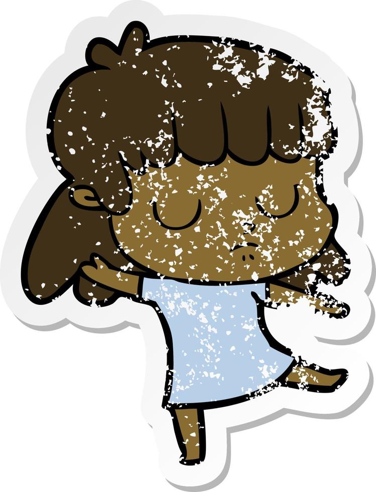 distressed sticker of a cartoon indifferent woman dancing vector