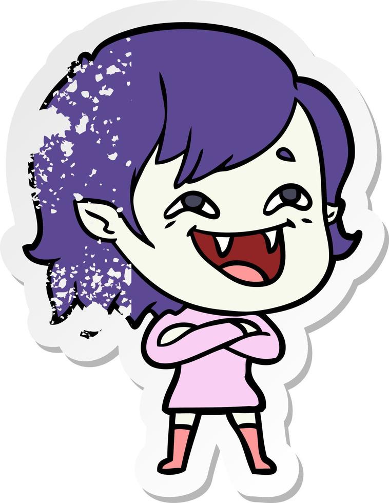 distressed sticker of a cartoon laughing vampire girl vector