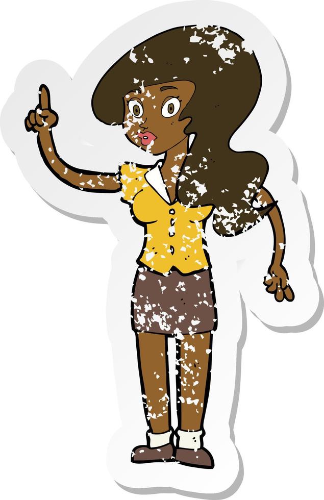 retro distressed sticker of a cartoon pretty woman with idea vector