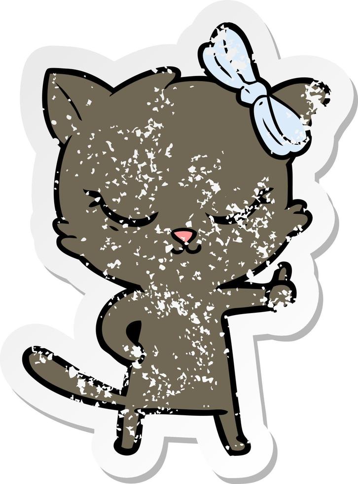 distressed sticker of a cute cartoon cat with bow vector