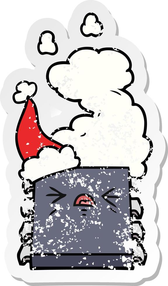 distressed sticker cartoon of a overheating computer chip wearing santa hat vector