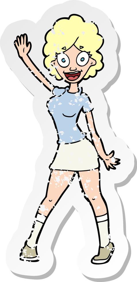 pegatina retro angustiada de una mujer de dibujos animados bailando vector