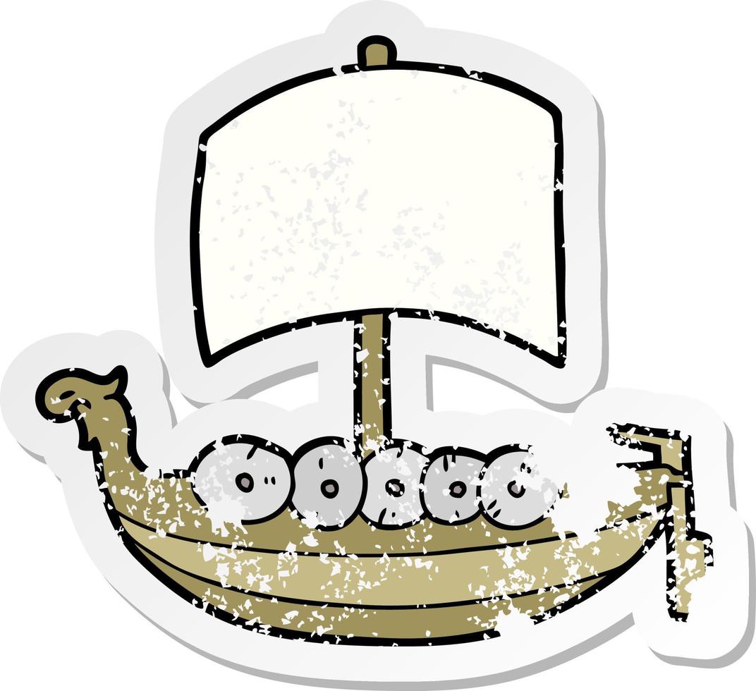 distressed sticker of a cartoon viking boat vector