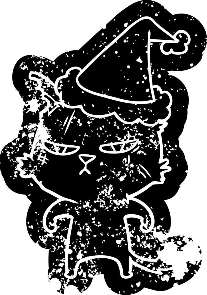 tough cartoon distressed icon of a cat wearing santa hat vector
