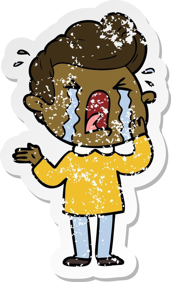 distressed sticker of a cartoon crying man vector