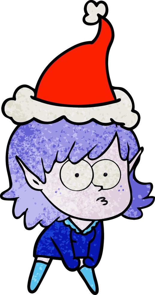 textured cartoon of a elf girl staring and crouching wearing santa hat vector