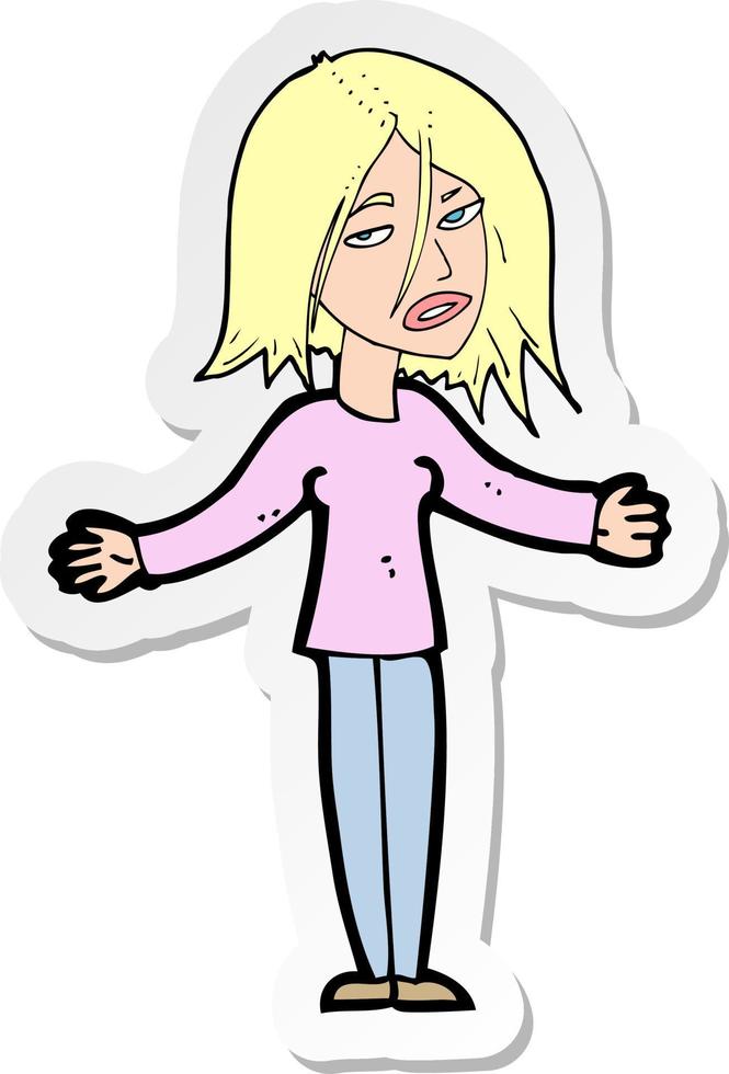 sticker of a cartoon woman shrugging shoulders vector