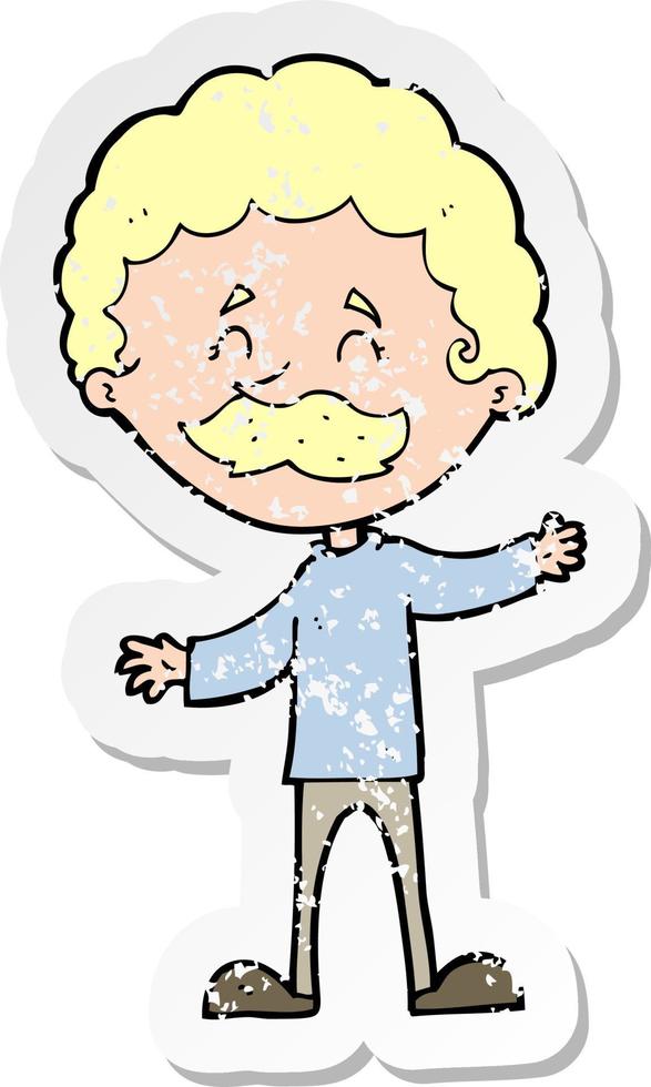 pegatina retro angustiada de un hombre feliz de dibujos animados con bigote vector