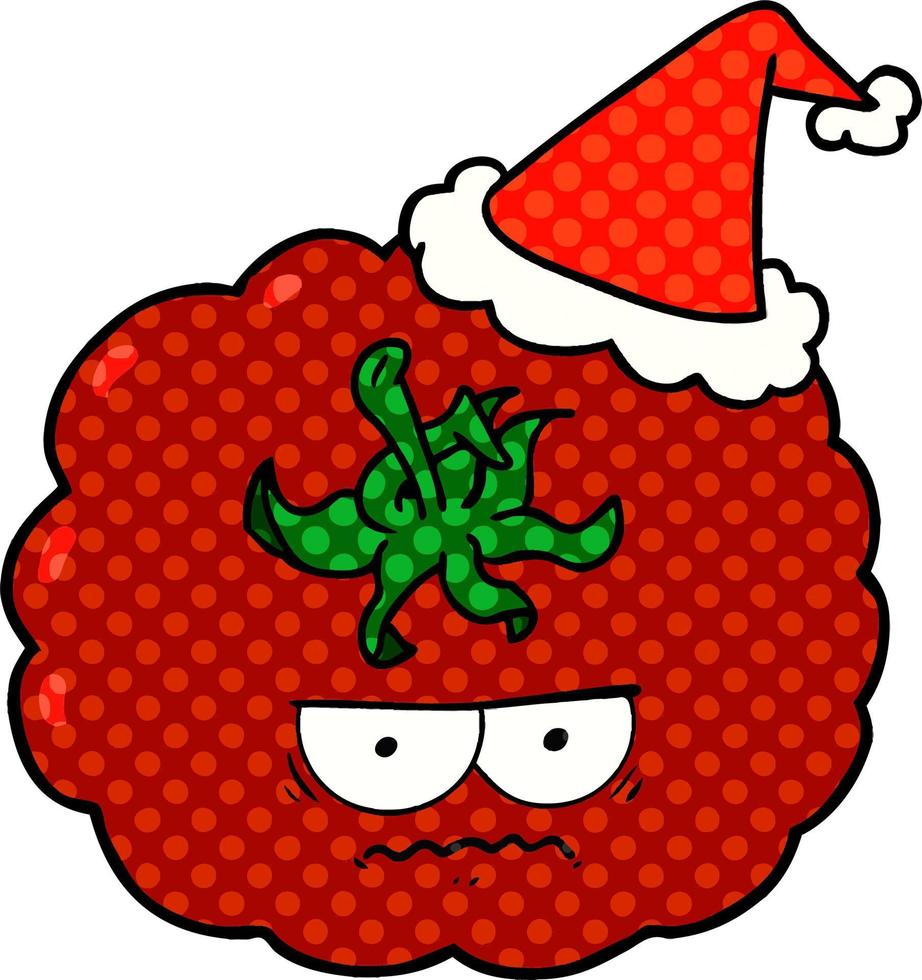 comic book style illustration of a angry tomato wearing santa hat vector