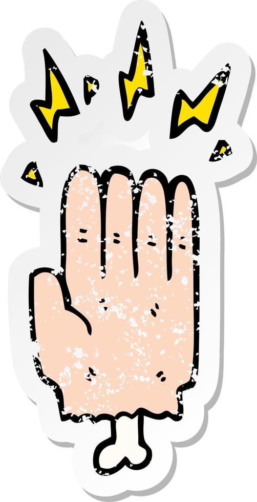 distressed sticker of a cartoon magic halloween zombie hand vector